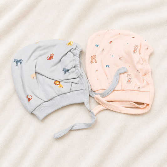 Newborn Baby Cotton Cap Set Gray & Peach Printed Soft Infant Caps (Pack of 2)