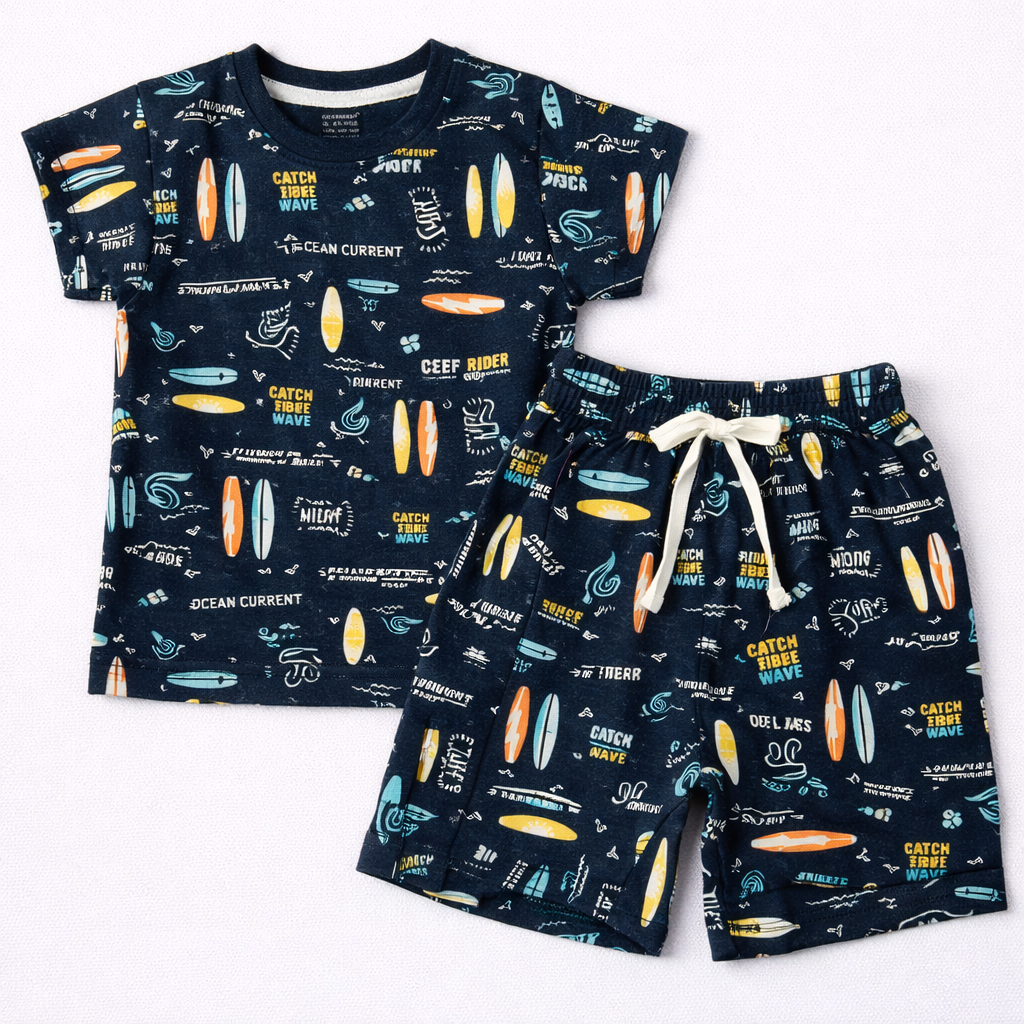 Cucumber Kids Surfboard Ocean Wave Print Navy T-Shirt & Shorts Set - Cutypi
