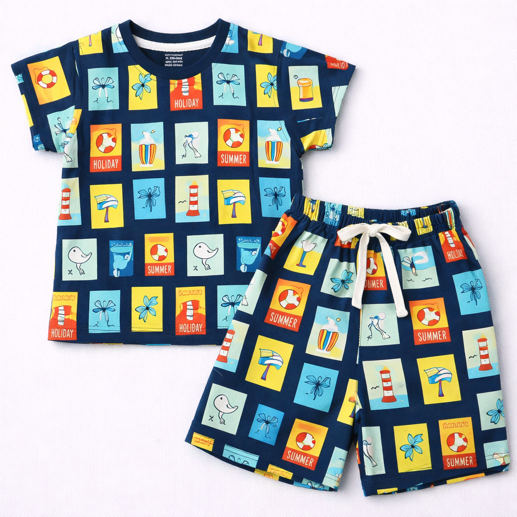 Cucumber Kids Summer Holiday Print Navy Blue T-Shirt & Shorts Set - Cutypi