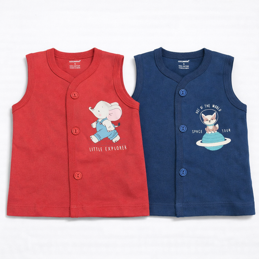 Cucumber Baby Cute Cartoon Printed Sleeveless Front Open Vest Pack of 2 - Cutypi