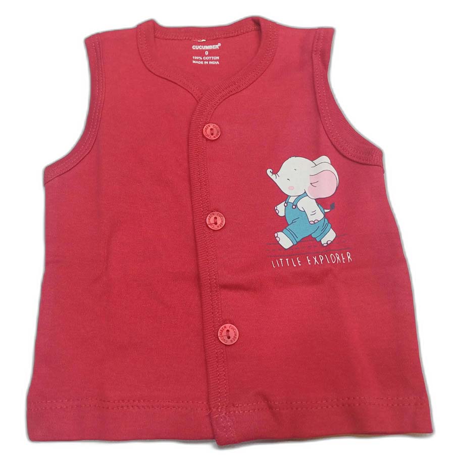Cucumber New Born Baby Front Open Printed Sleevless Top -Red