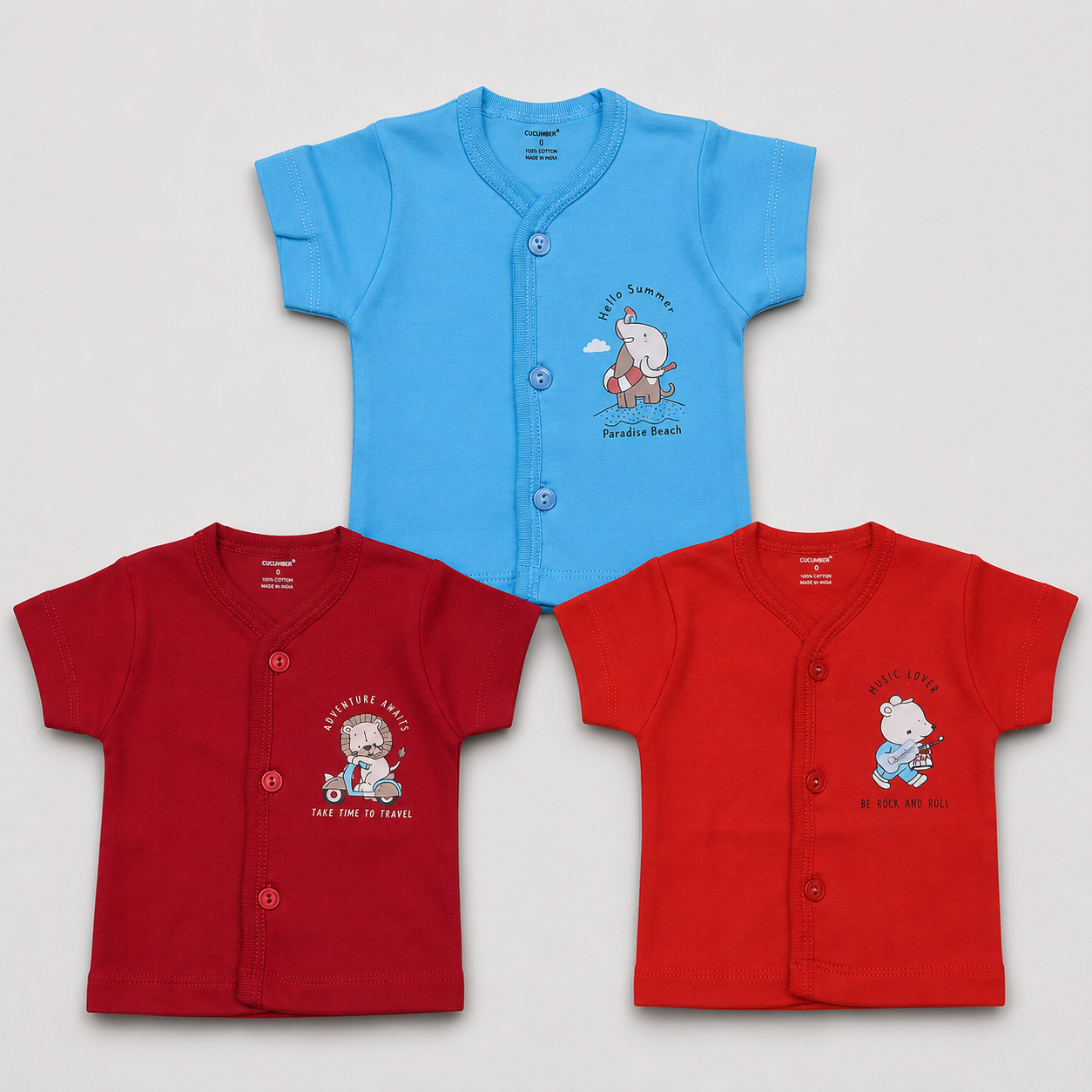 Pack of 3 Newborn Cotton Front Open Tops | Cucumber | Cutypi