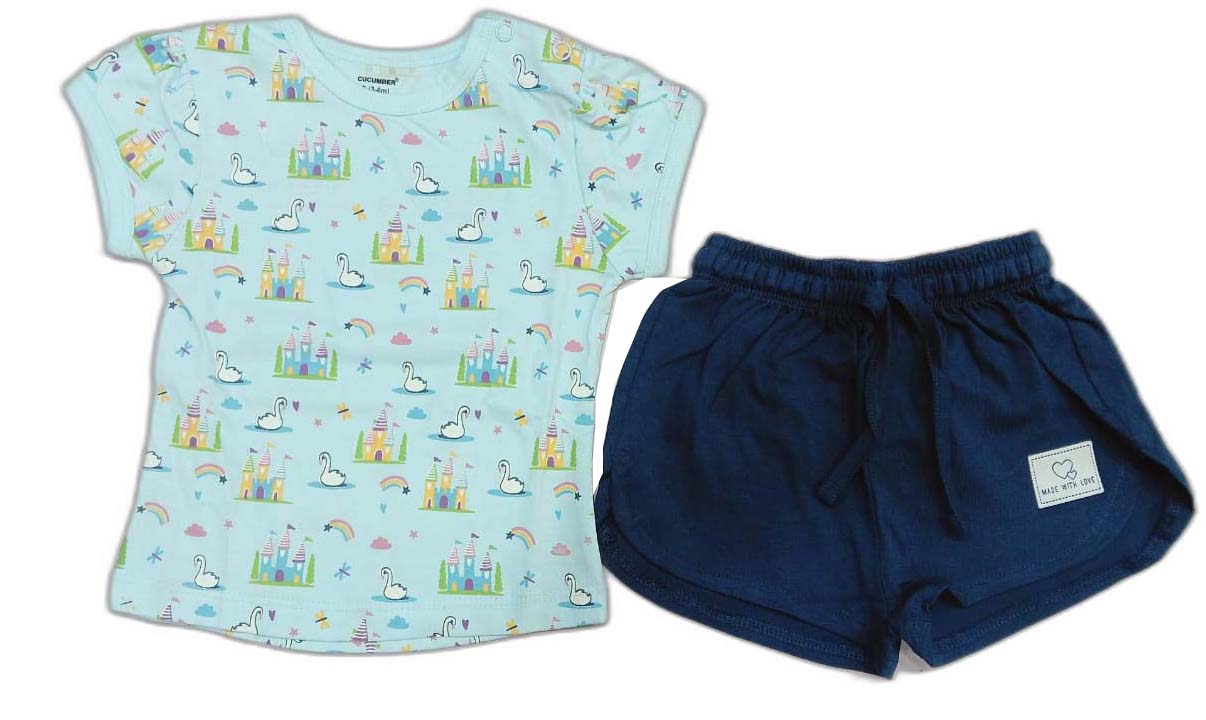 Cucumber Girls Cotton Half Sleeve Top with Short - Light Blue