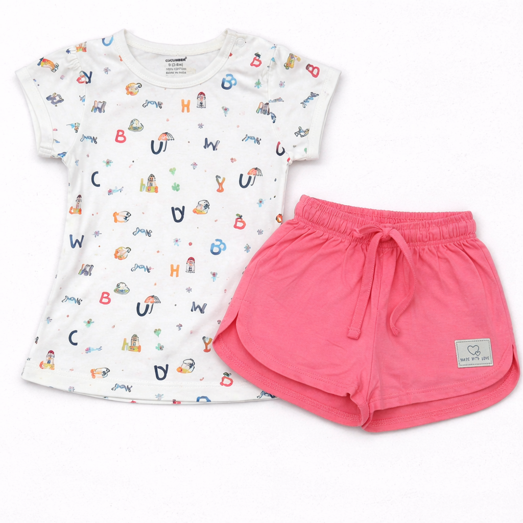 Cucumber Cucumber Girls Cotton Half Sleeve Top with Short - white - Cutypi