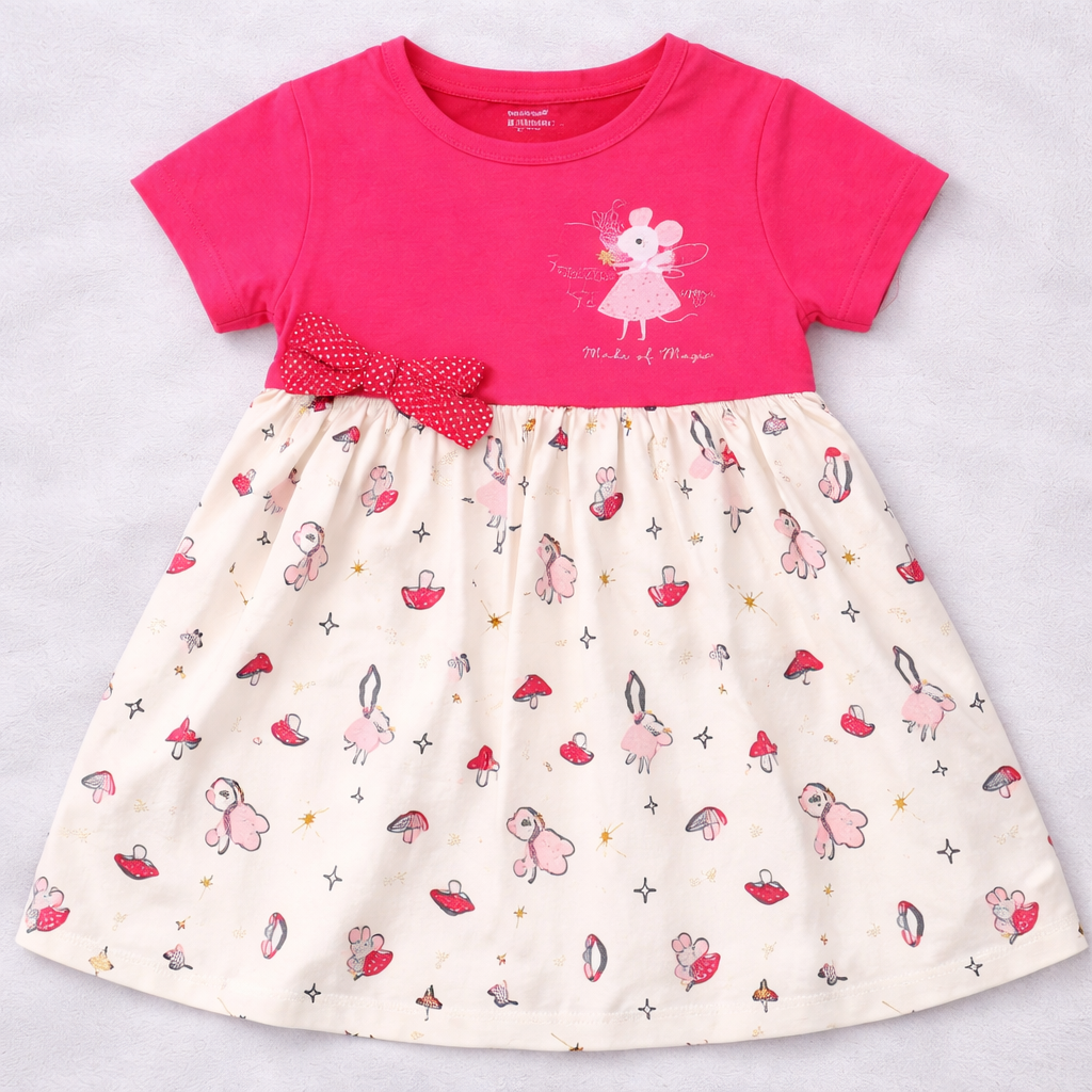 Cucumber Baby Girl Pink Cotton Dress Printed Skirt Bow Detail Short Sleeve Dress - Cutypi