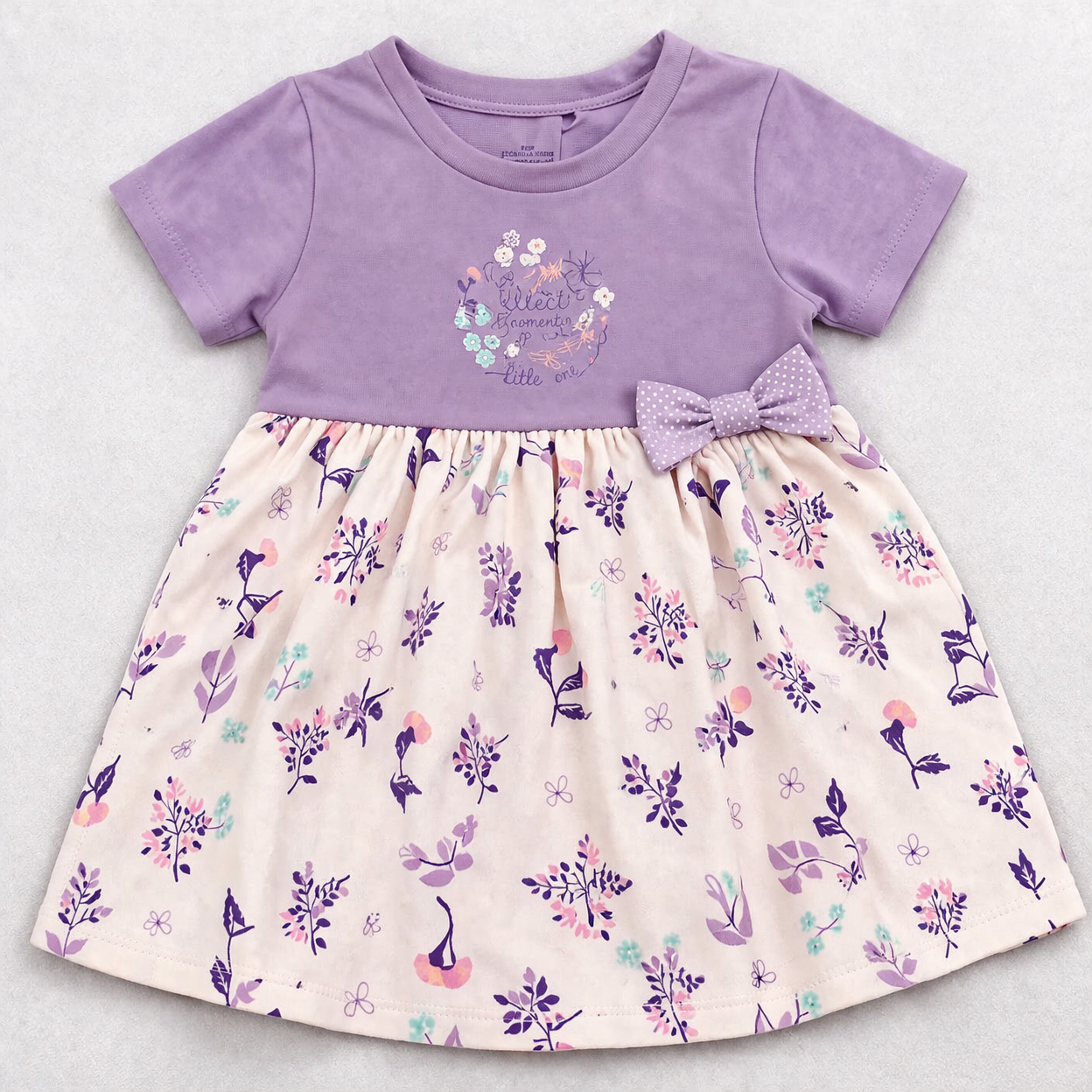 Cucumber Baby Girl Pink Cotton Dress Printed Skirt Bow Detail Short Sleeve Dress - Cutypi