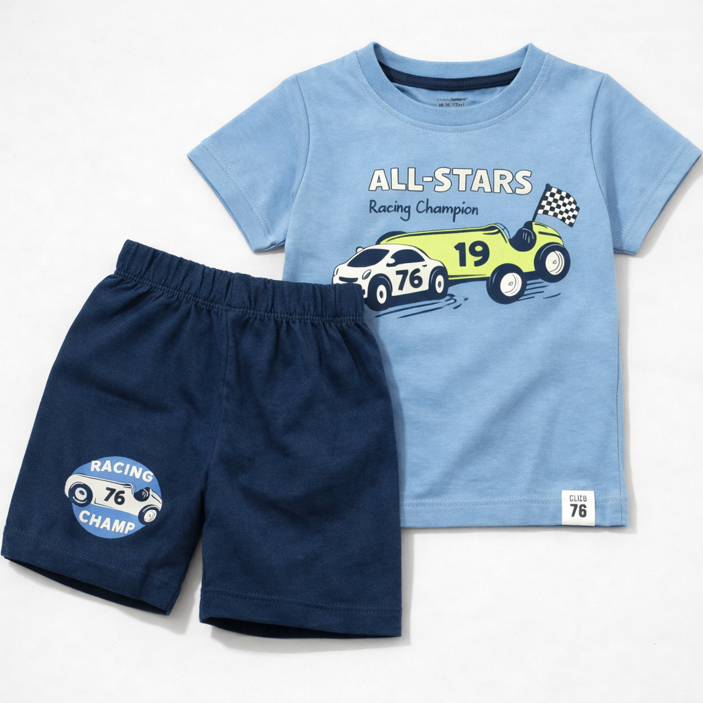 Cucumber Baby All-Stars Racing Champion Blue T-Shirt & Navy Shorts Set - Cutypi
