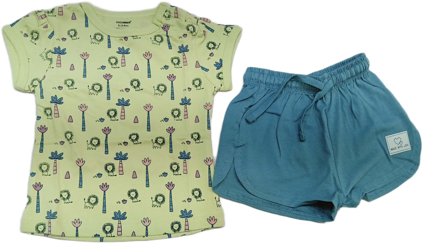 Cucumber Baby Girl Printed Half Sleeves Top with Short - Green