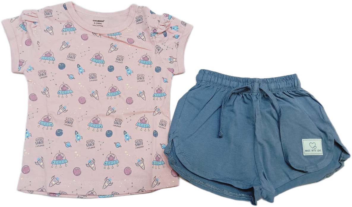 Cucumber Baby Girl Printed Half Sleeves Top with Short - Pink