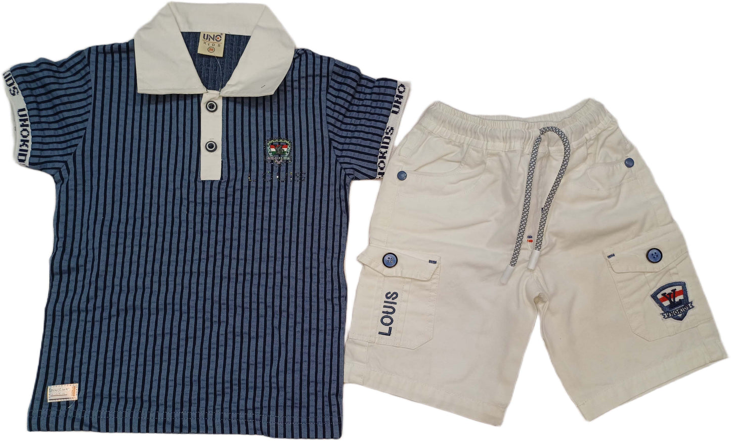 Boys' Striped Polo T-Shirt – Dark Blue & White – Short Sleeves with Short