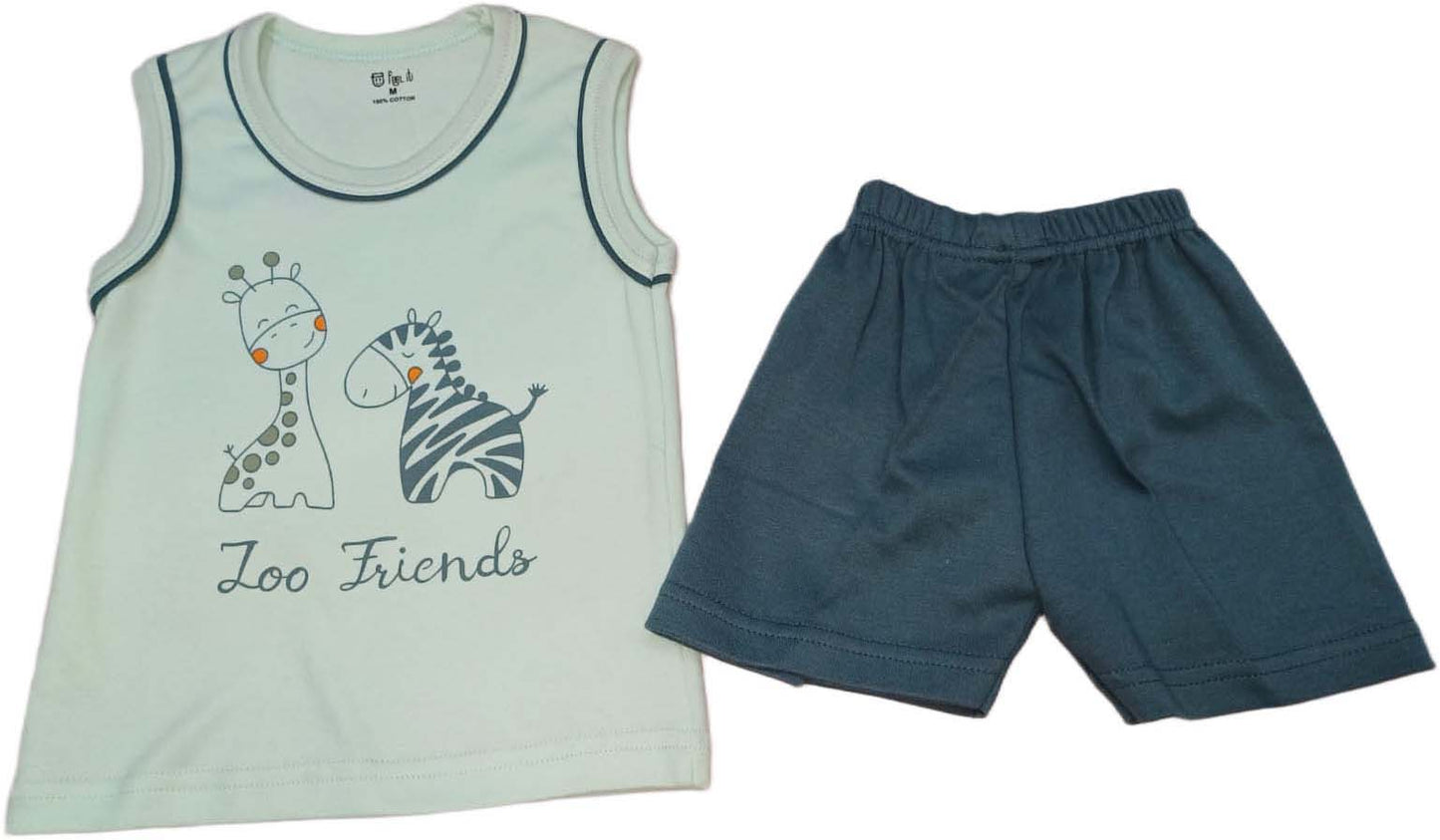 Cotton Sleeveless T-Shirt Zoo Print Suit Green