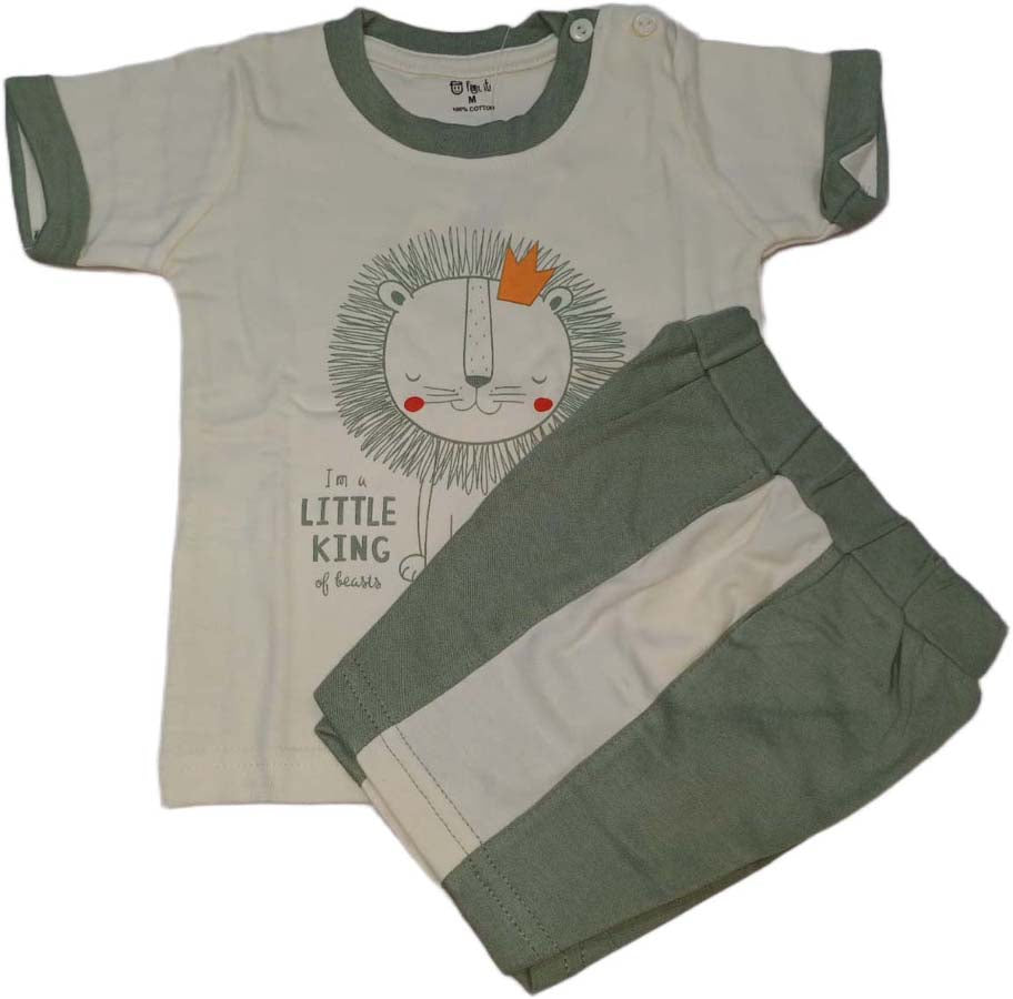 Cotton Sleeveless T-Shirt Lion Print Suit Green White