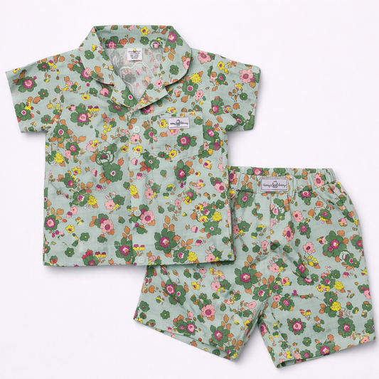 Baby Girl Floral Half Sleeves Top with Short - Green