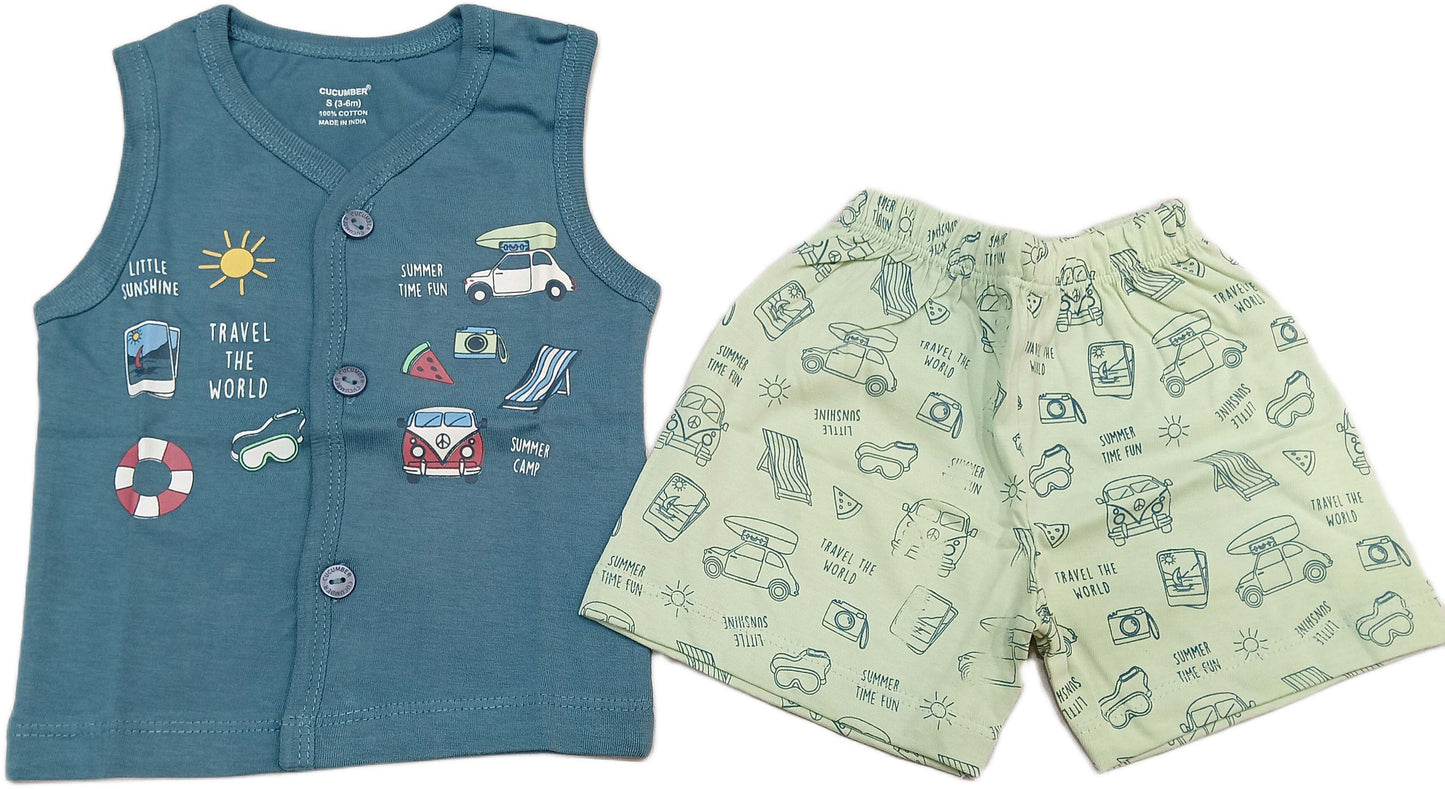 CUCUMBER Sinker Knit Sleeveles Front Open T-Shirt & Short Set