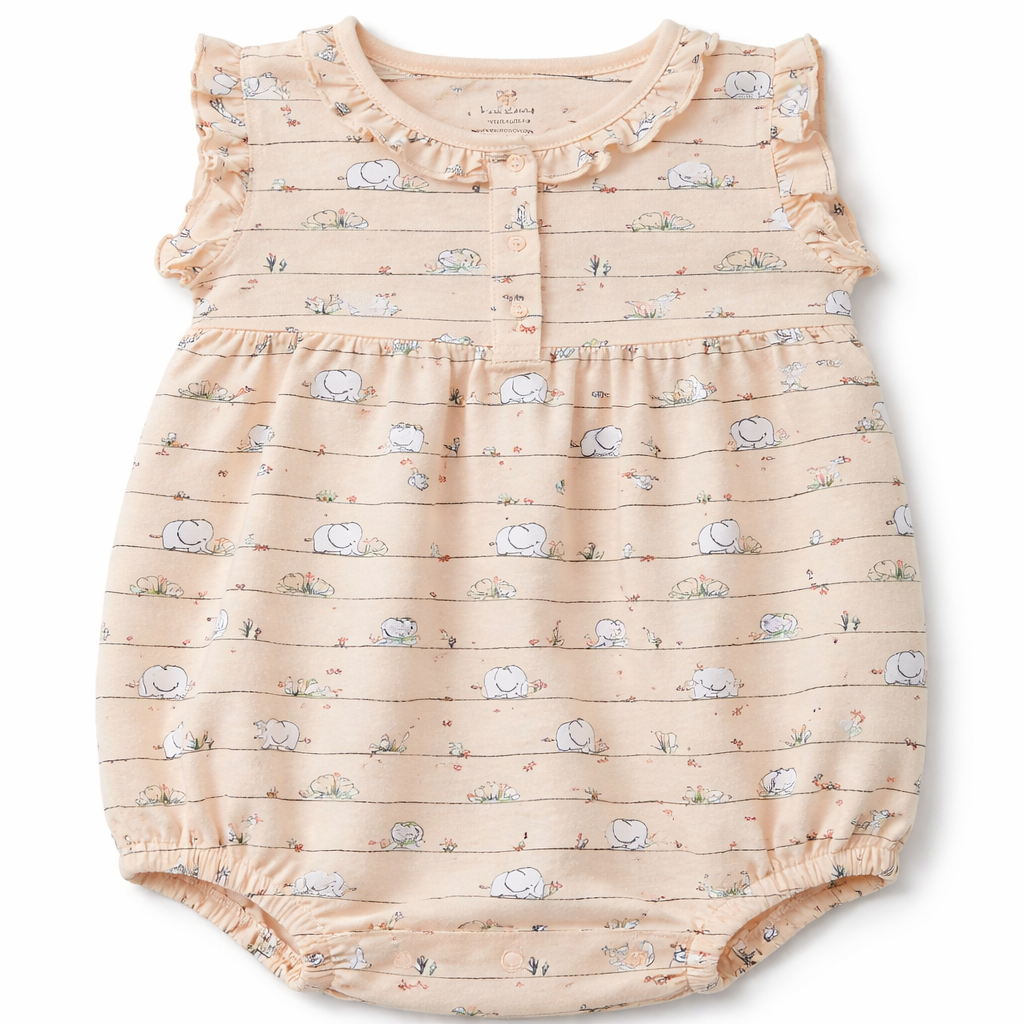Cucumber Peach Elephant Print Baby Romper with Ruffle Sleeves - Cutypi