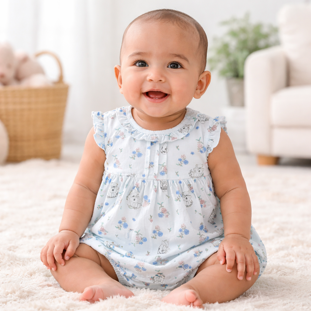 Cucumber Baby Girl Light Blue Floral & Koala Print Cotton Romper | Soft Sleeveless Summer Onesie - Cutypi