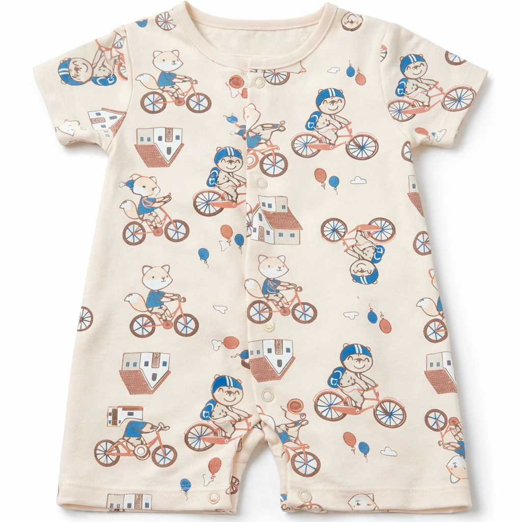 Playful Animal Print Baby Romper with Bicycle Design