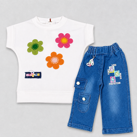 Girls Short Sleeves Floral Print Top & Jeans Set