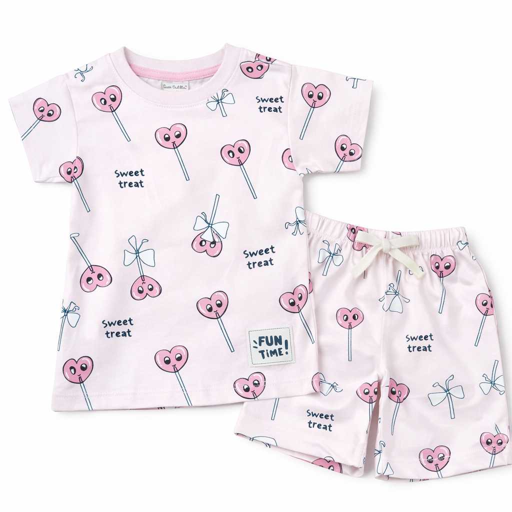 Cucu Cuddles Kids Purple Sweet treat Print Cotton T-Shirt and Shorts Set Cute Summer Outfit for Girls - Cutypi