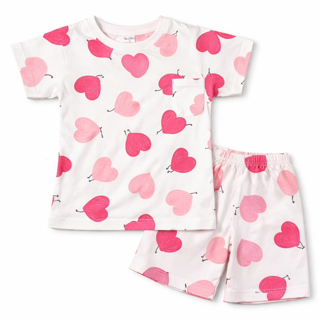 Cucu Cuddles Kids Cream Heart Print Cotton T-Shirt and Shorts Set Cute Summer Outfit for Girls - Cutypi