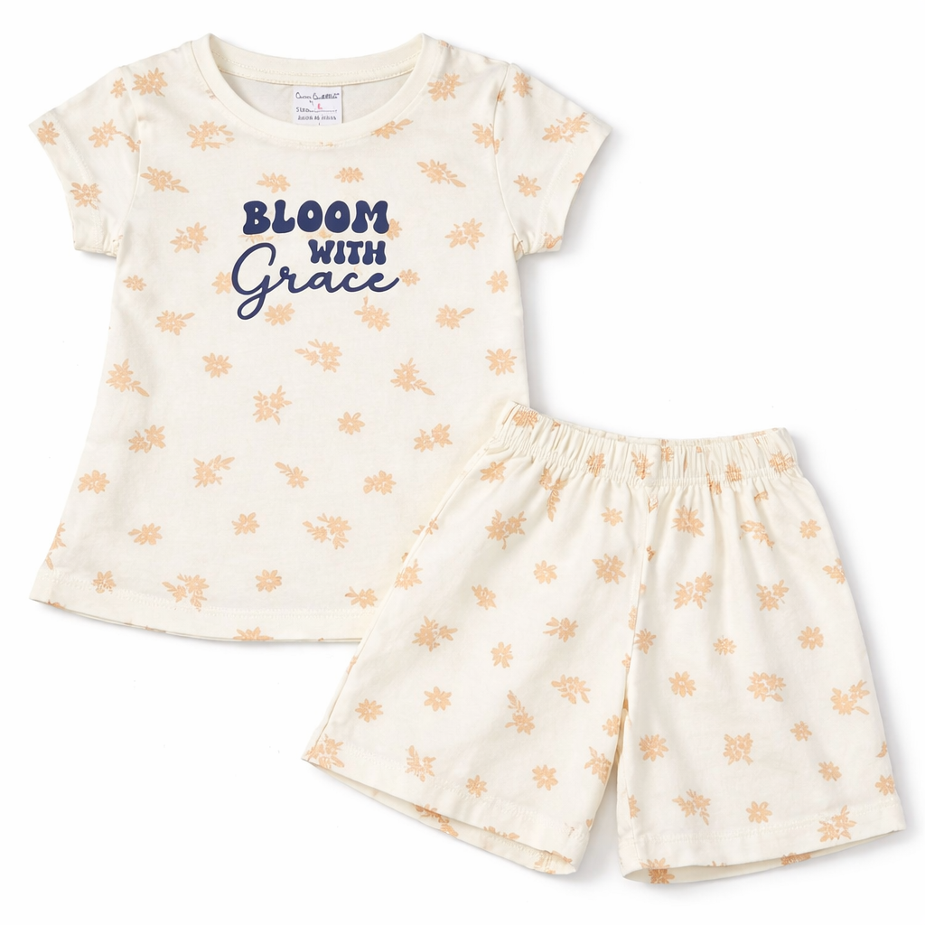 Cucu Cuddles Kids Cream Floral Cotton T-Shirt and Shorts Set Bloom Print Summer Outfit for Girls - Cutypi