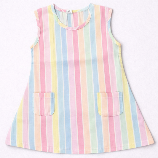 First Toy Girls Sleeveless Cotton Dress White Multicolor Stripe Casual Summer Frock - Cutypi