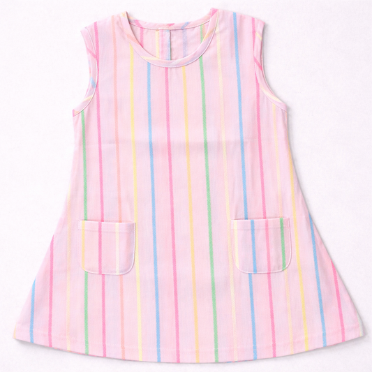 First Toy Girls Sleeveless Cotton Dress White Multicolor Stripe Casual Summer Frock - Cutypi