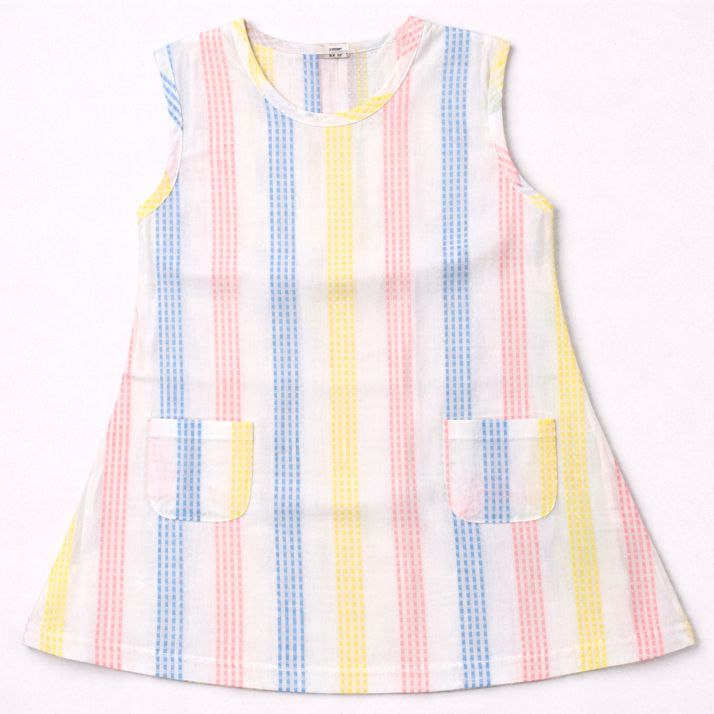 First Toy Girls Sleeveless Cotton Dress White Multicolor Stripe Casual Summer Frock - Cutypi