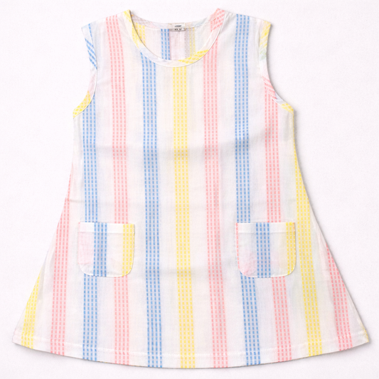 First Toy Girls Sleeveless Cotton Dress White Multicolor Stripe Casual Summer Frock - Cutypi