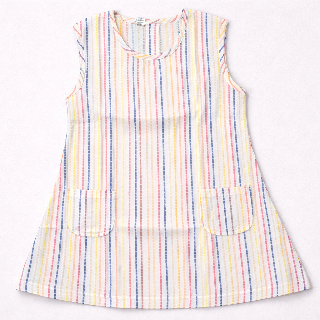First Toy Girls Sleeveless Cotton Dress White Multicolor Stripe Casual Summer Frock - Cutypi