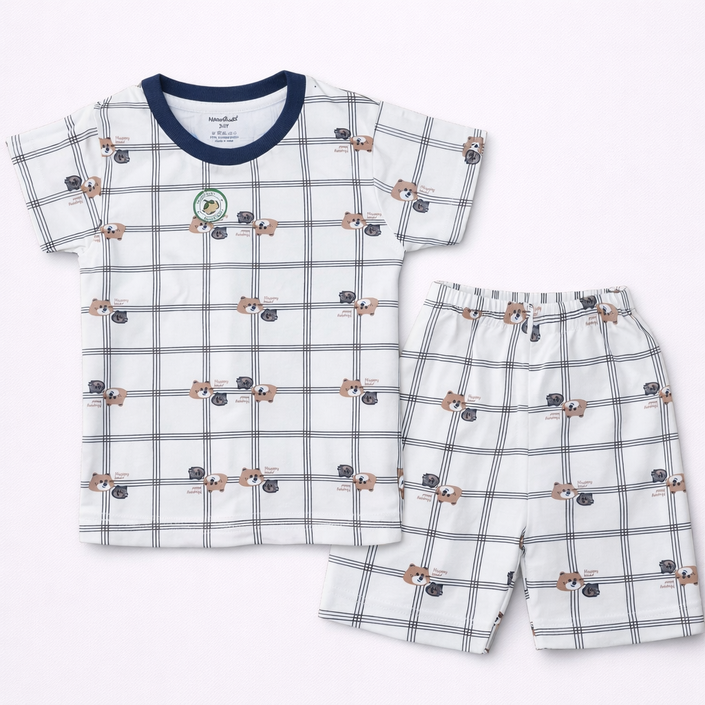 Hazelnut Boys Cotton T-Shirt & Shorts Set – White Check Bear Print