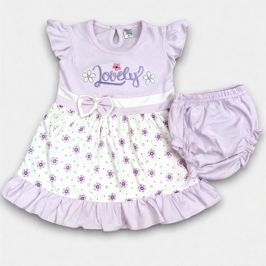 Gelly Belly Baby Girls Lovely Printed Dress with Bloomer Set Light Purple Cute Outfit - Cutypi