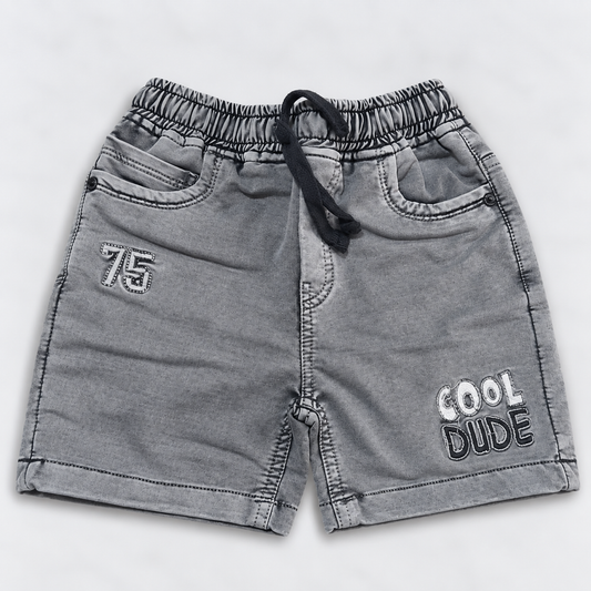 Boys Grey Denim Shorts | Printed Kids Casual Shorts with Drawstring