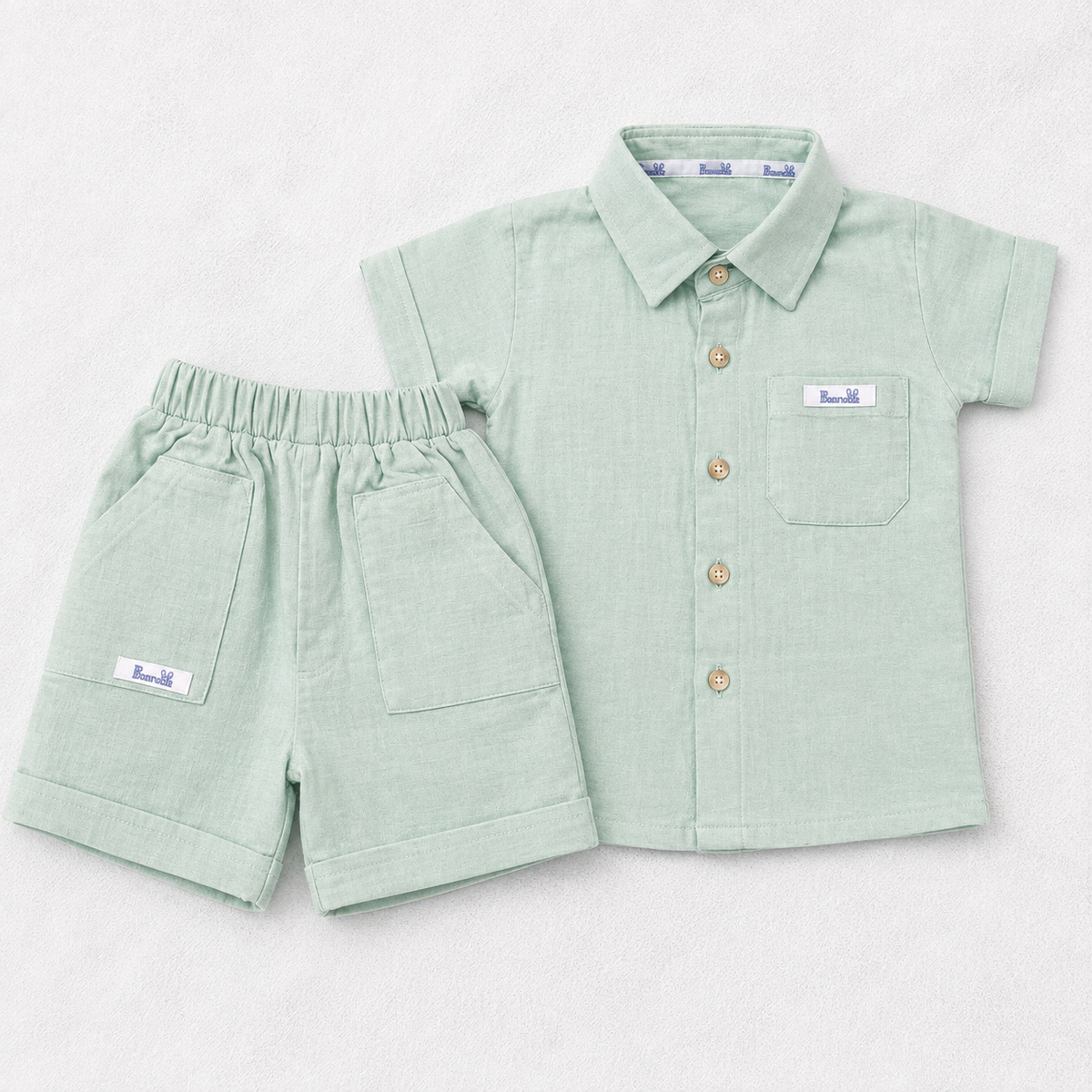 Kids Mint Green Muslin Cotton Collared Shirt & Shorts Set