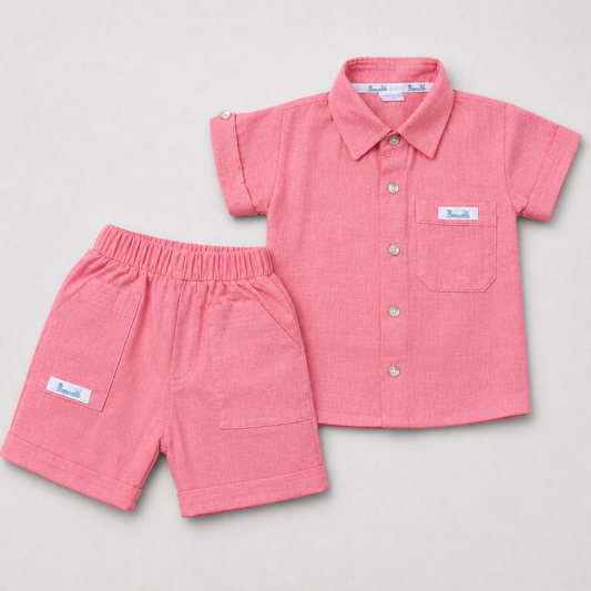 Kids Mint Pink Muslin Cotton Collared Shirt & Shorts Set