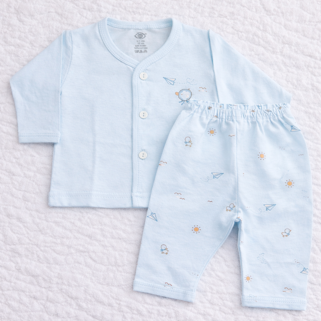Zero Newborn Cotton Front Open Printed Top & Pant Set - Light Blue - Cutypi