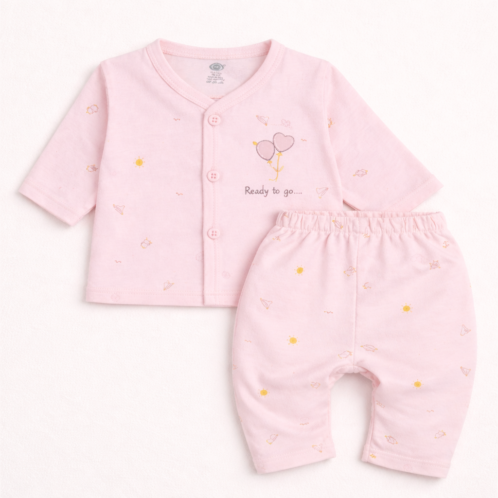 Zero Newborn Cotton Front Open Printed Top & Pant Set - Pink - Cutypi