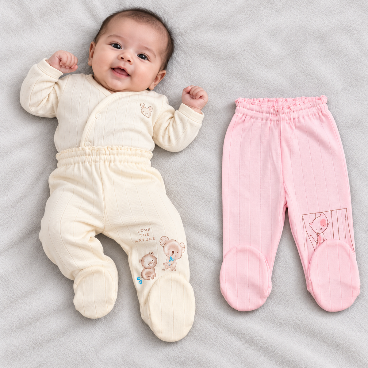 Zero Baby Footed Pajama Pants Set of 3 – Pink, Blue & Light Pink