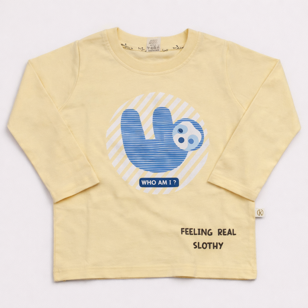 Krunchy Yellow Sloth Print Kids T-Shirt – Full Sleeve Cotton Graphic Tee - Cutypi