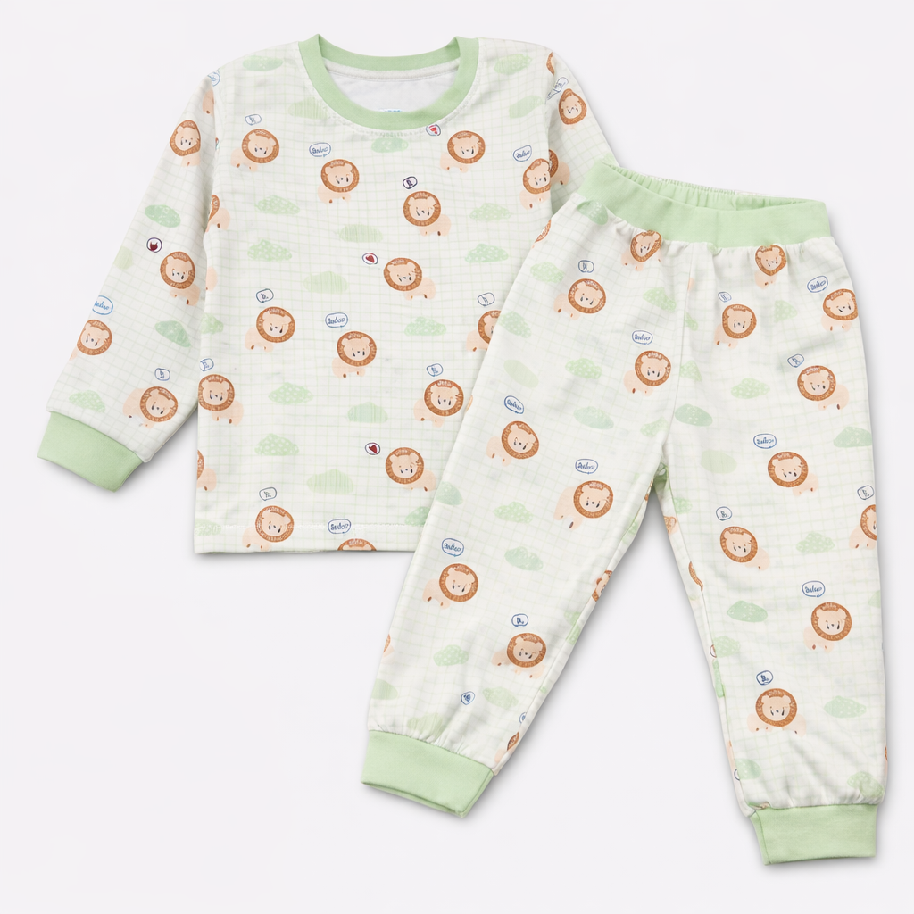 Krunchy baby cotton full sleeve lion print T-shirt and matching pants night suit set for newborn babies in cream and light green