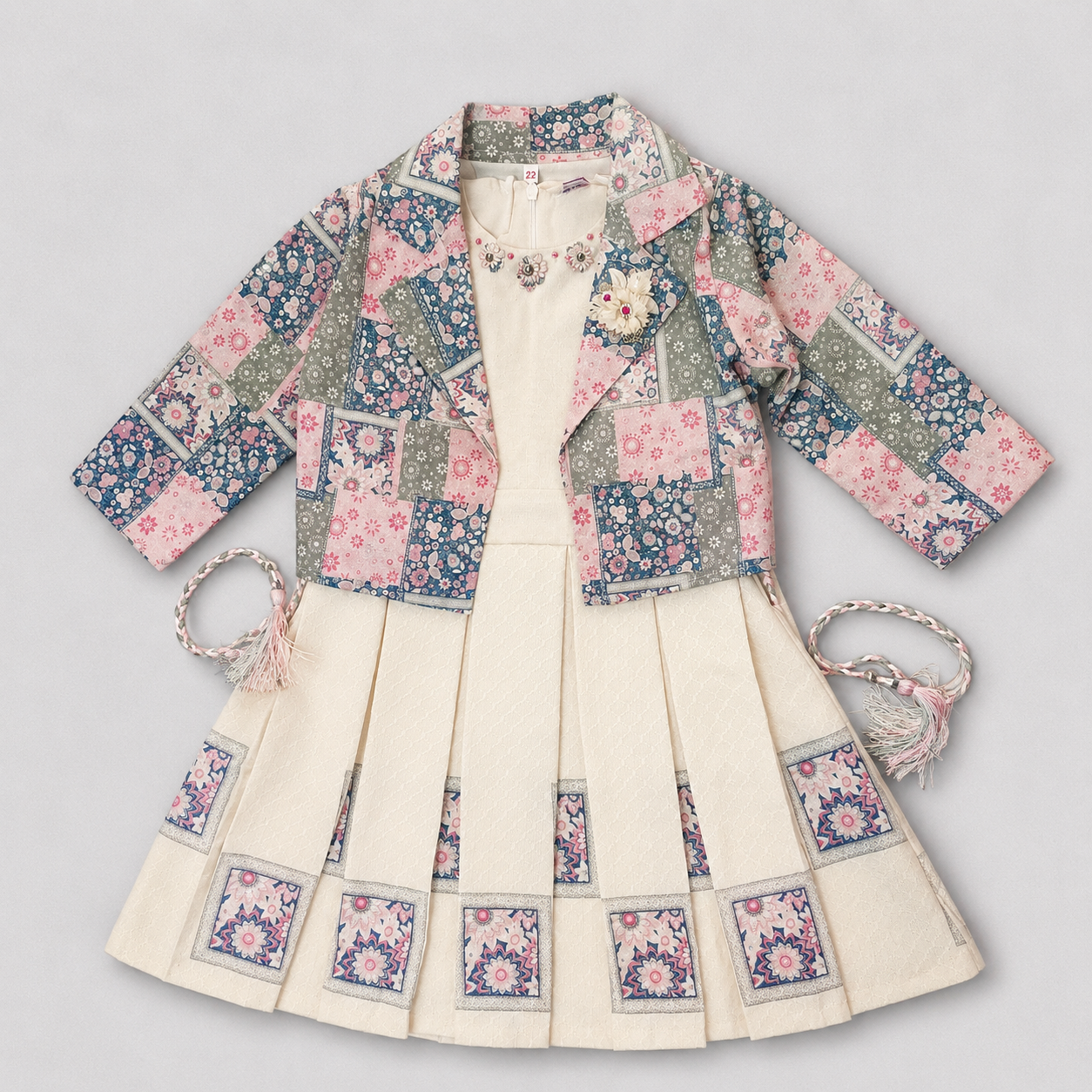 Girls Cream Frock Dress with Printed Jacket & Floral Details