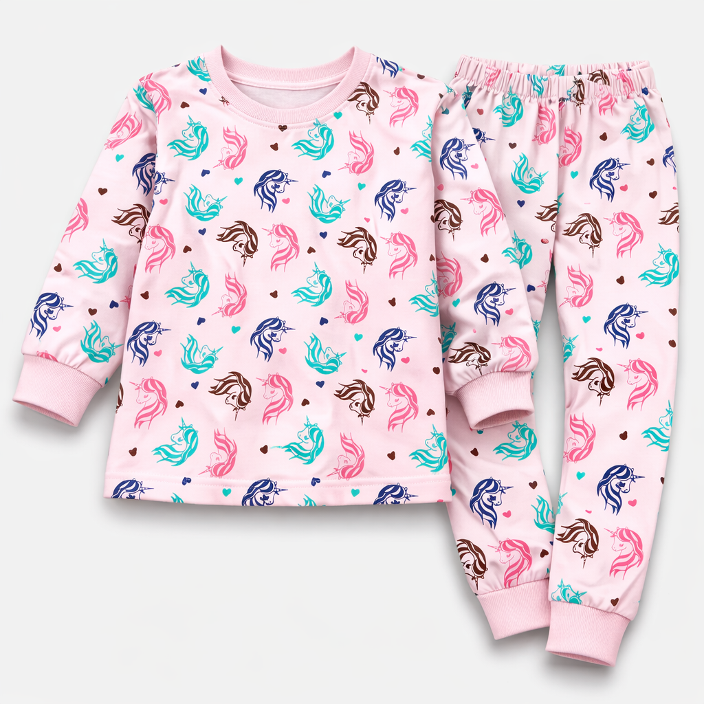 Hazelnut Pink Unicorn Print Kids Co-Ord Set – Full Sleeve Cotton T-Shirt & Jogger Pants - Cutypi