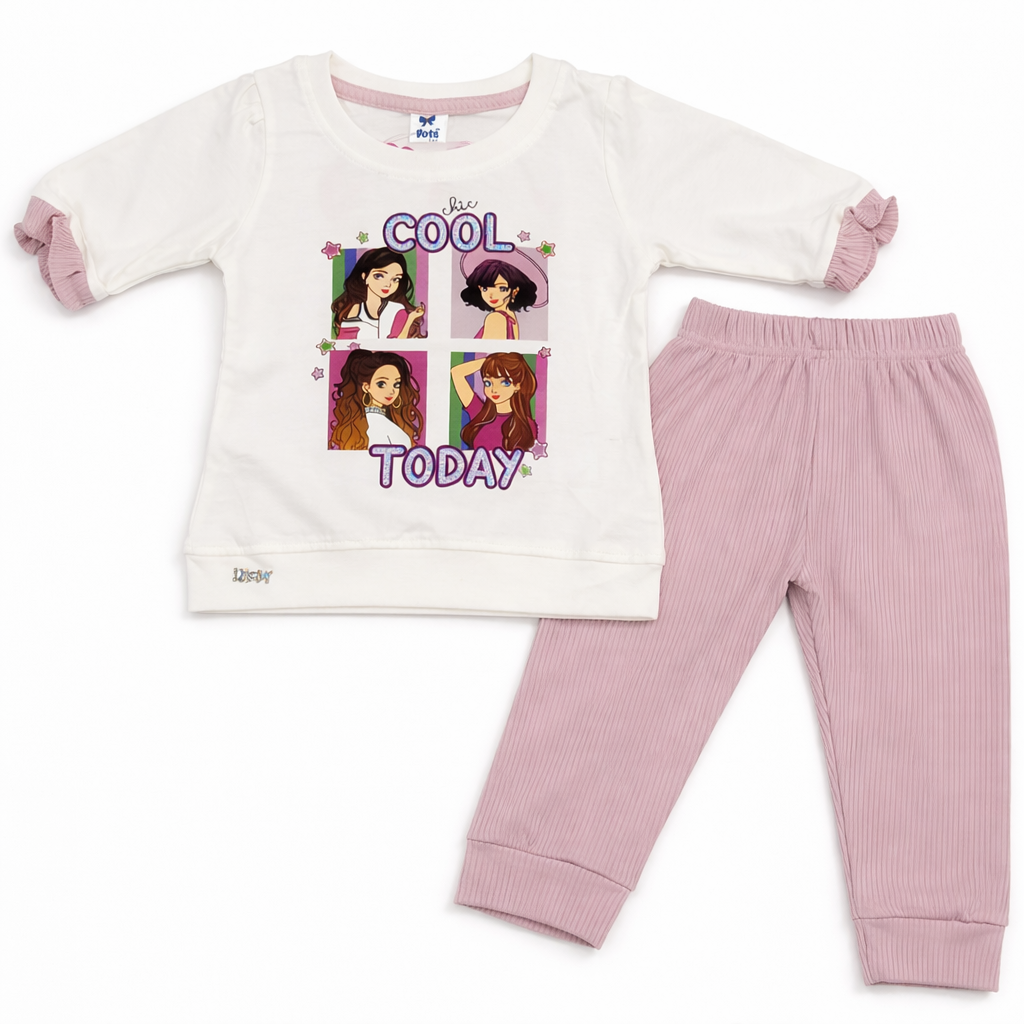 Cutypi Baby Girls Cool Today Printed Sweatshirt with Ribbed Pants Set White Pink Outfit - Cutypi