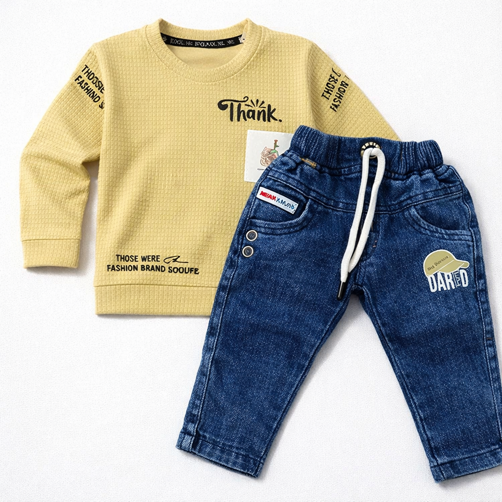 Kool Sunny Street Style Set – Textured Sweatshirt & Denim for Kids - Cutypi