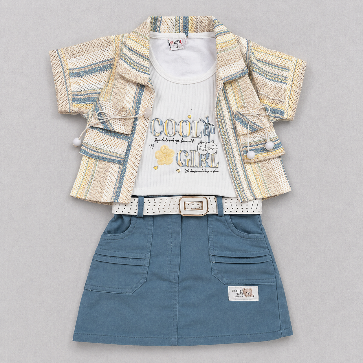 Girls Printed Jacket, T-Shirt & Blue Skirt Set – Trendy Casual Style
