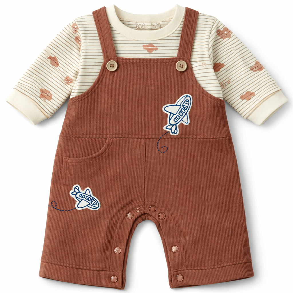 Baby Dungaree Set with Airplane Print – Cotton T-Shirt & Romper Outfit