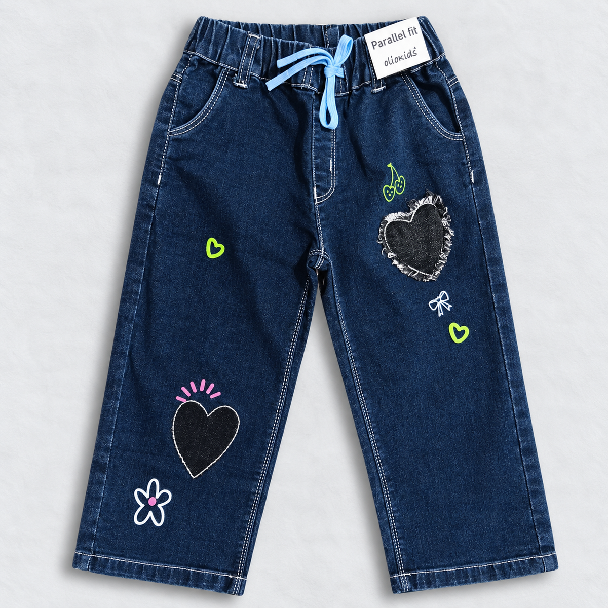 OlioKids Girls Dark Blue Heart Print Jeans | Kids Denim Pants