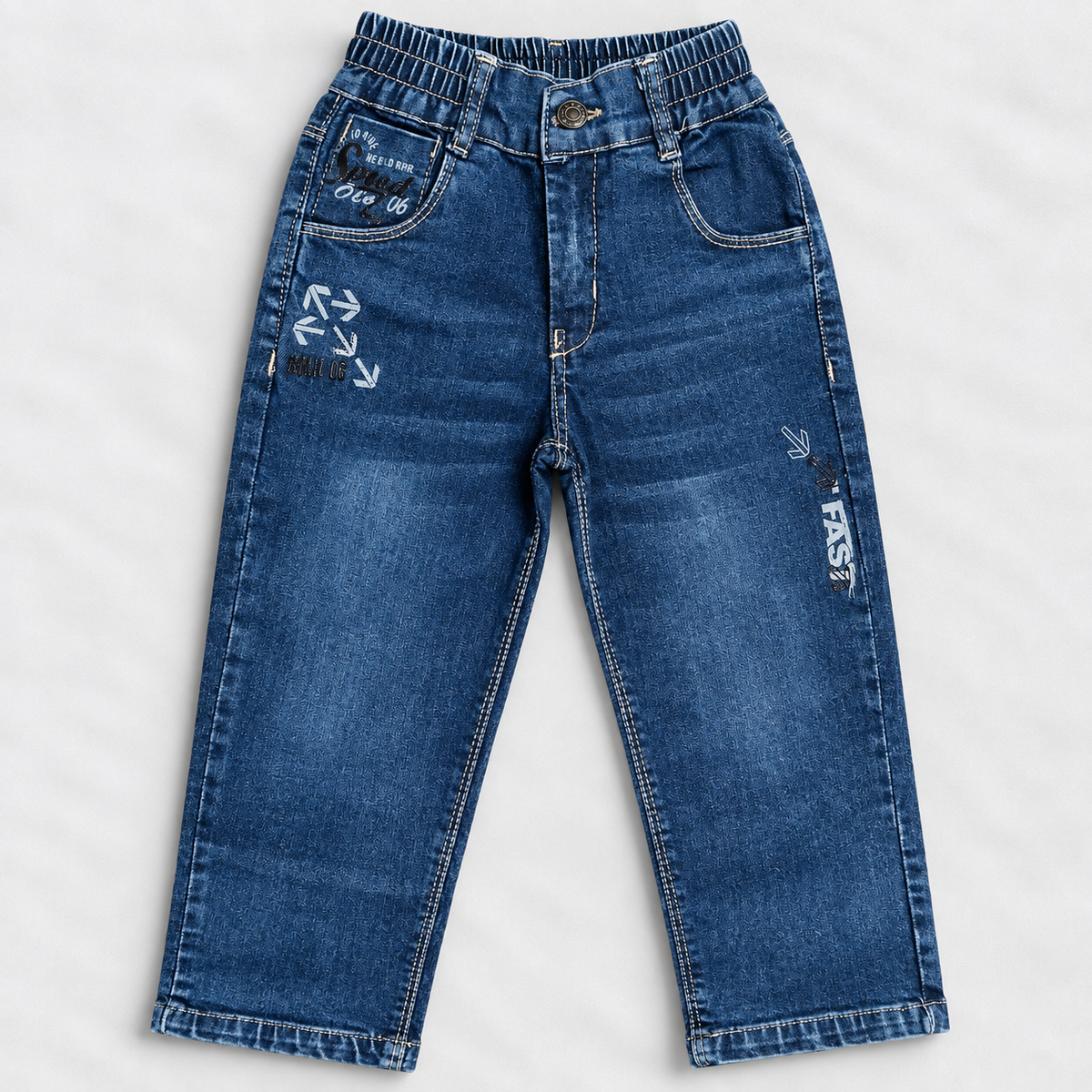OlioKids Boys Blue Denim Jeans | Parallel Fit Printed Kids Jeans