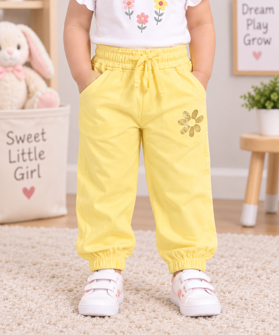 OlioKids Girls Yellow Jogger Pants with Flower Detail | Kids Casual Track Pants | Cutypi