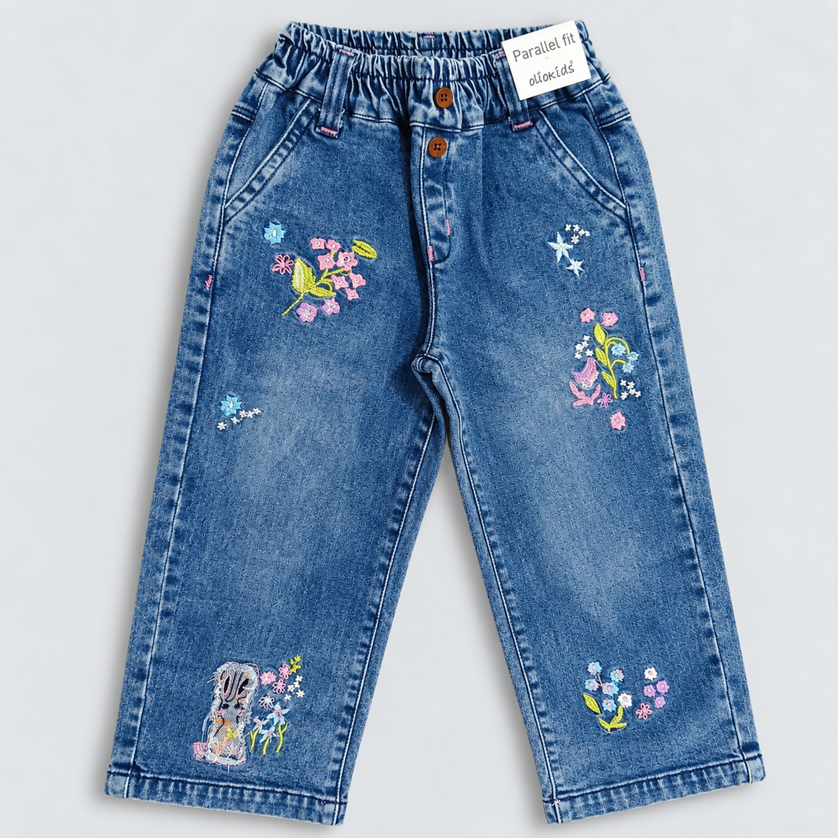 OlioKids Girls Blue Floral Embroidered Jeans | Kids Denim Pants